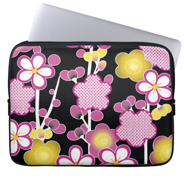 Roligt retro rosa och gula blommor blomster mönste laptop sleeve (Framsidan)