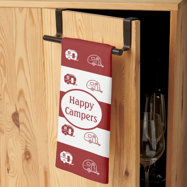 Roligt Retro RV Lycklig Campers in Deep Red and Wh Kökshandduk (Thirds Fold)