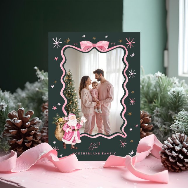 Roligt Retro Santa Vågigt Rosa Ribbon Photo jul Julkort (Fun Retro Santa Wavy Pink Ribbon Photo Christmas Holiday Card)