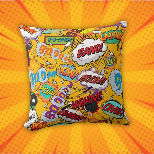 Roligt Retro Tecknad Bok Popup Art-explosioner Kudde (Fun Retro Comic Book Pop Art Shout Outs Throw Pillow)