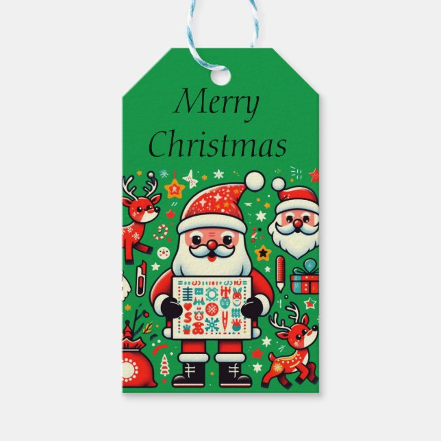 Roligt Retro Tomte och renar mönster Presentetikett (Framsidan)