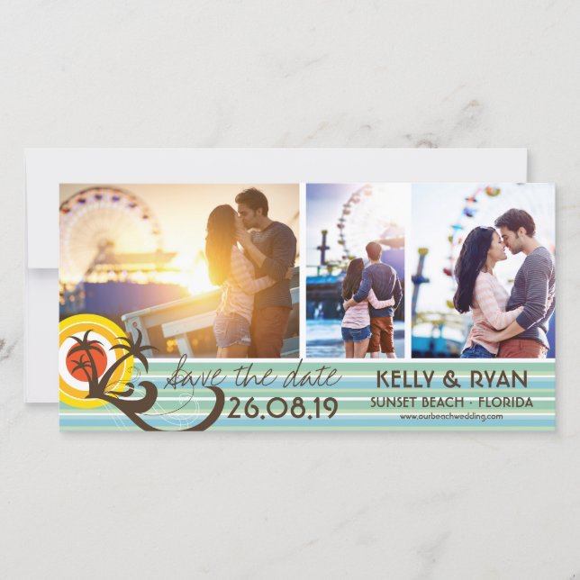 Roligt Retro Tropical Beach Sunset Handflatan Träd Spara Datumet (Framsida)