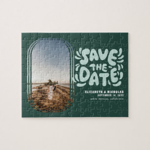 Roligt Retro Typography Photo Bröllop spara datum Pussel