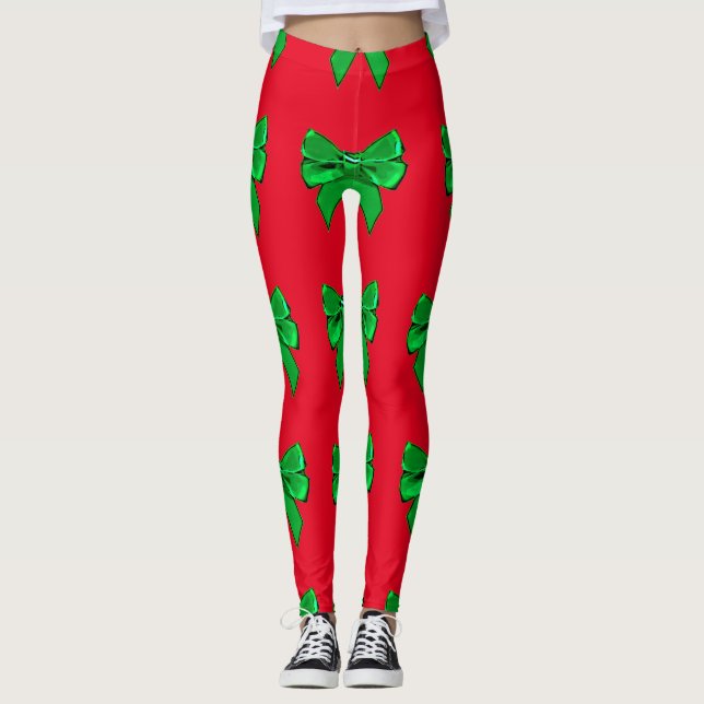 Roligt Röd och Grönt Bow Julbalger Leggings (Framsida)