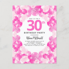 Roligt Rosa Balloons Faux Glitter 30års födelsedag Inbjudan Vykort