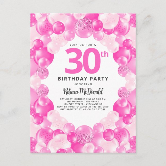 Roligt Rosa Balloons Faux Glitter 30års födelsedag Inbjudan Vykort (Framsida)