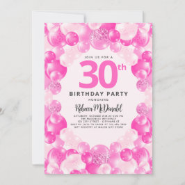 Roligt Rosa Balloons Faux Glitter 30års födelsedag Inbjudningar