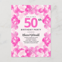 Roligt Rosa Balloons Faux Glitter 50:e Födelsedags Inbjudan Vykort