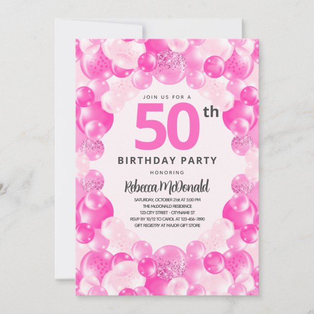 Roligt Rosa Balloons Faux Glitter 50:e Födelsedags Inbjudningar (Framsida)