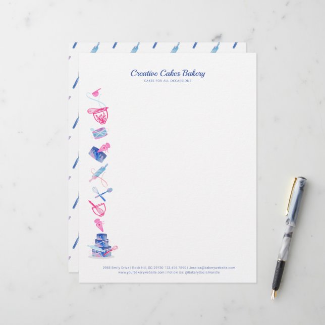 Roligt Rosa & Blue Bakery Cake Shop Baking Verktyg Brevhuvud (Fram/Back In Situ)