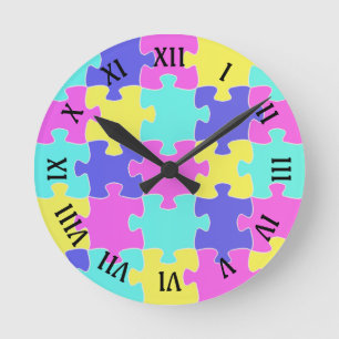 Roligt Rosa Blue Gult & Lila Jigszle Puzzle Delara Rund Klocka