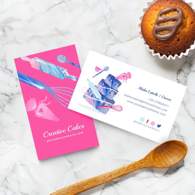 Roligt Rosa Blue Marble Bakery Verktyg & Utensils  Visitkort (Fun Pink Blue Marble Bakery Tools & Utensils Pink Business Card)