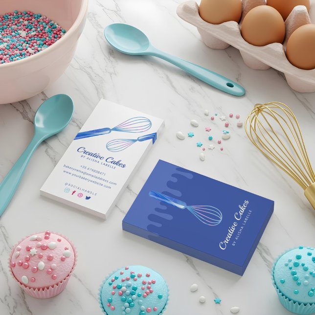 Roligt Rosa Blue Marble Bakery Whisk Blue Visitkort (Fun Pink Blue Marble Bakery Whisk Blue Business Card)