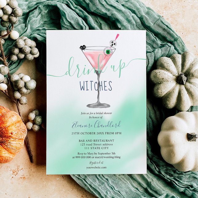 Roligt rosa cocktail witches Halloween möhippa Inbjudningar (Fun pink cocktail witches Halloween bridal shower Invitation)