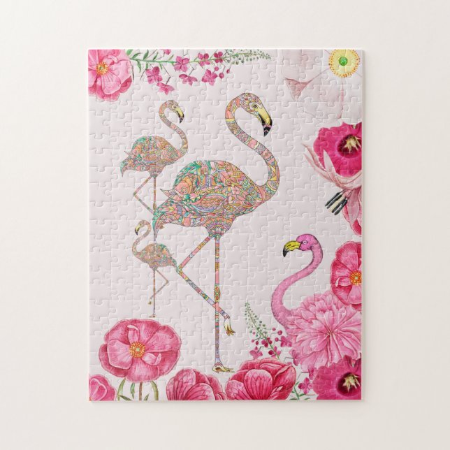 Roligt Rosa flamingo surreal collage med blommor Pussel (Vertikal)