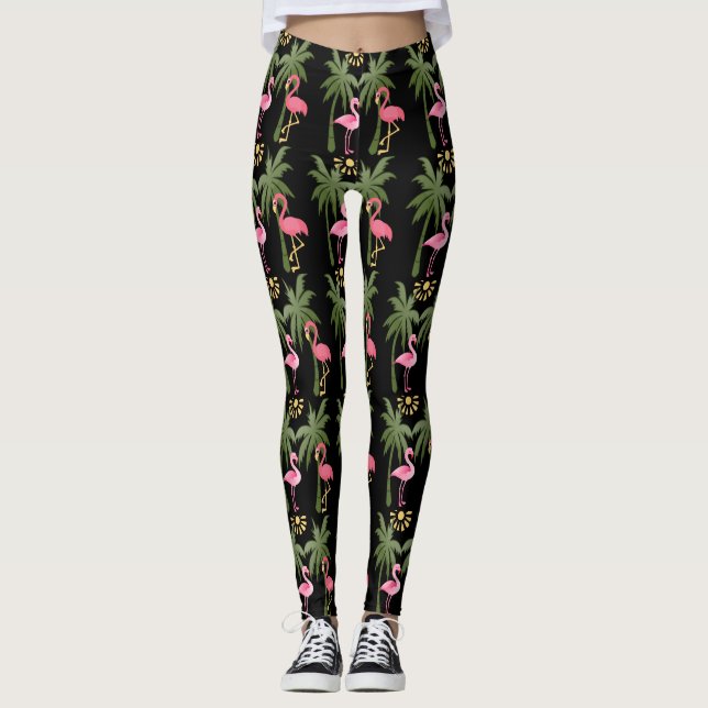 Roligt! Rosa Flamingos & palmträd på svart Leggings (Framsida)