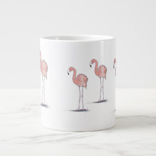 Roligt Rosa Flamingos Pen och Bläck Färg Teckning Jumbo Mugg