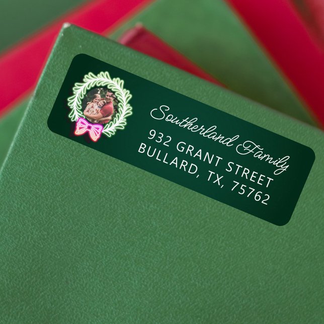 Roligt Rosa Grönt Neon Ljus Julfrö Foto Returadress Etikett (Fun Pink Green Neon Lights Christmas Wreath Photo Label)