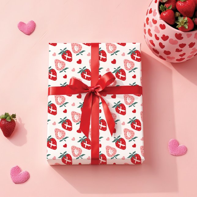Roligt Rosa jordgubbe XOX Alla hjärtans dag Mönste Presentpapper (Fun Pink Strawberry XOX Valentine's Day Pattern Wrapping Paper)