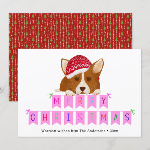 Roligt Rosa jul Banner Red Hat Corgi Julkort