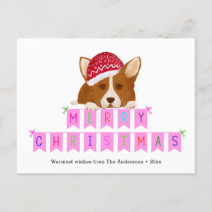 Roligt Rosa jul Banner Red Hat Corgi Vykort