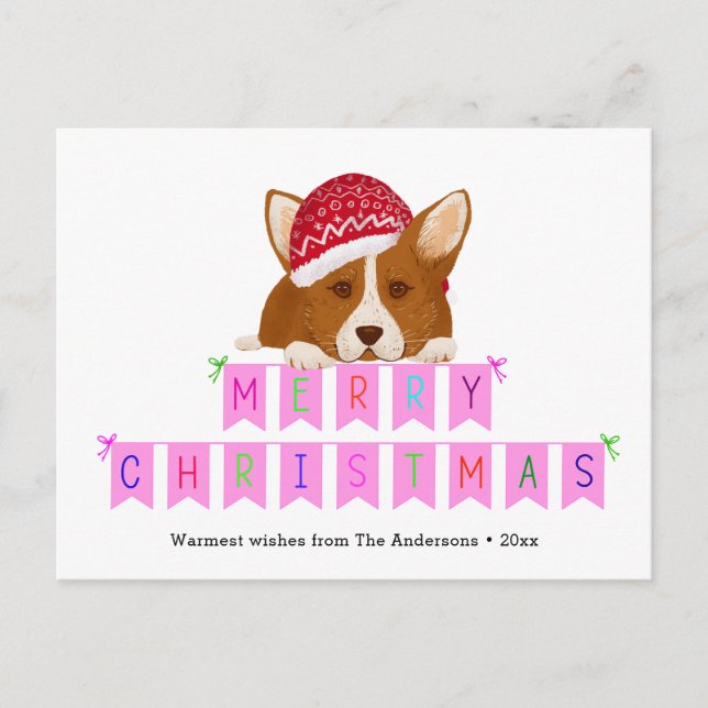 Roligt Rosa jul Banner Red Hat Corgi Vykort (Framsida)