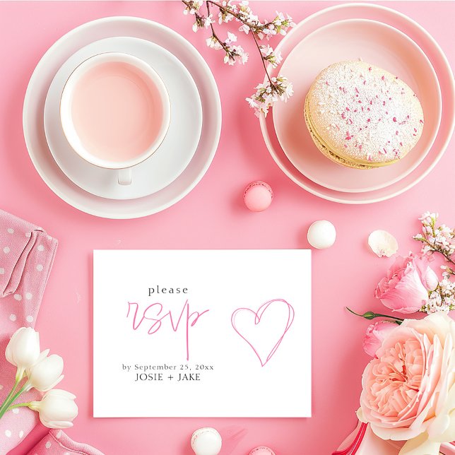 Roligt rosa kärlek  osa i hjärtkammare tilläggskort (Simple and clean pink and white "rsvp" wedding response card with a pink hand drawn style love heart)