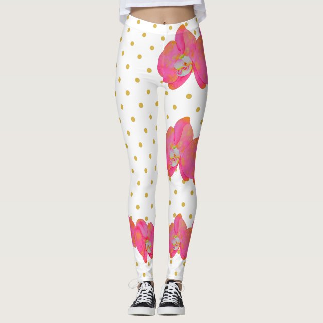 Roligt Rosa Orchid vattencolor, guld polkaDots Leggings (Framsida)
