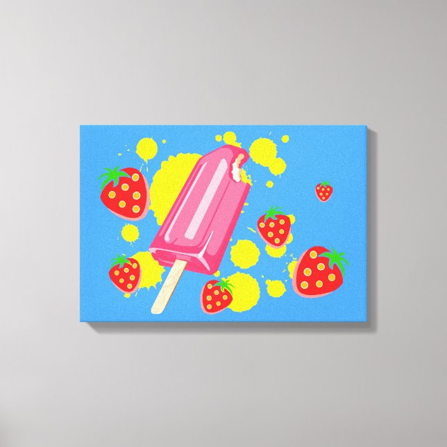 Roligt Rosa Popsicle and Strawbär Illustration Canvastryck (Framsida)