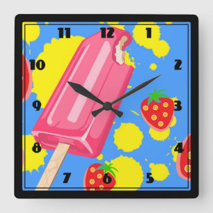 Roligt Rosa Popsicle and Strawbär Illustration Fyrkantig Klocka