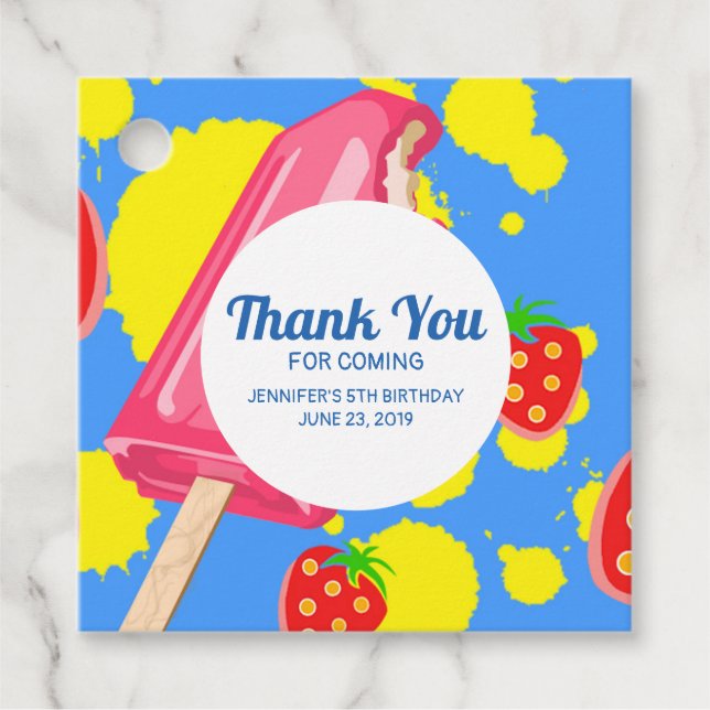 Roligt Rosa Popsicle and Strawbär Illustration Gåvor Etiketter (Framsida)