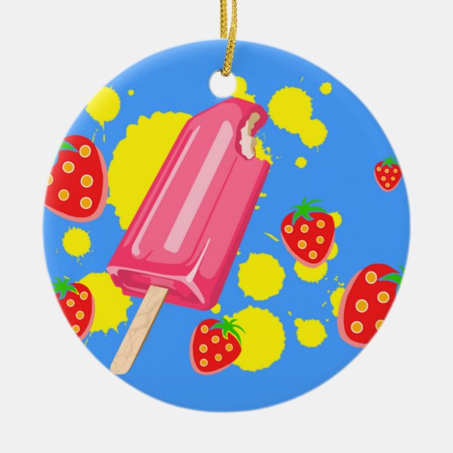 Roligt Rosa Popsicle and Strawbär Illustration Julgransprydnad Keramik (Framsidan)