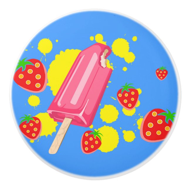 Roligt Rosa Popsicle and Strawbär Illustration Knopp (Framsidan)