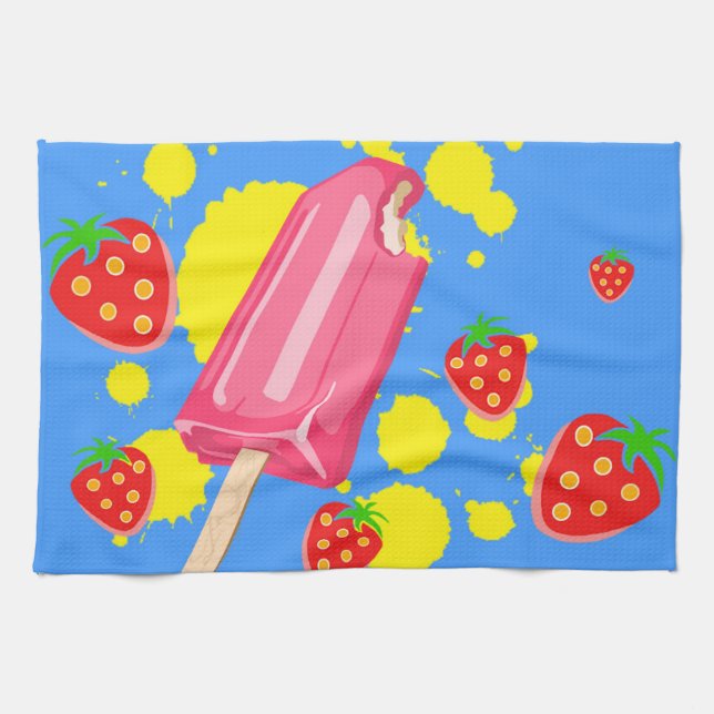 Roligt Rosa Popsicle and Strawbär Illustration Kökshandduk (Horisontell)