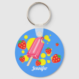 Roligt Rosa Popsicle and Strawbär Illustration Nyckelring