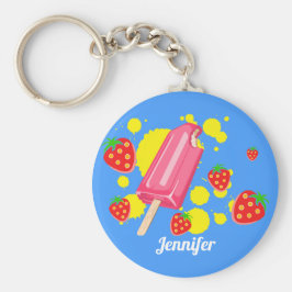 Roligt Rosa Popsicle and Strawbär Illustration Nyckelring