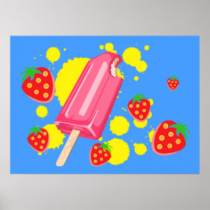Roligt Rosa Popsicle and Strawbär Illustration Poster