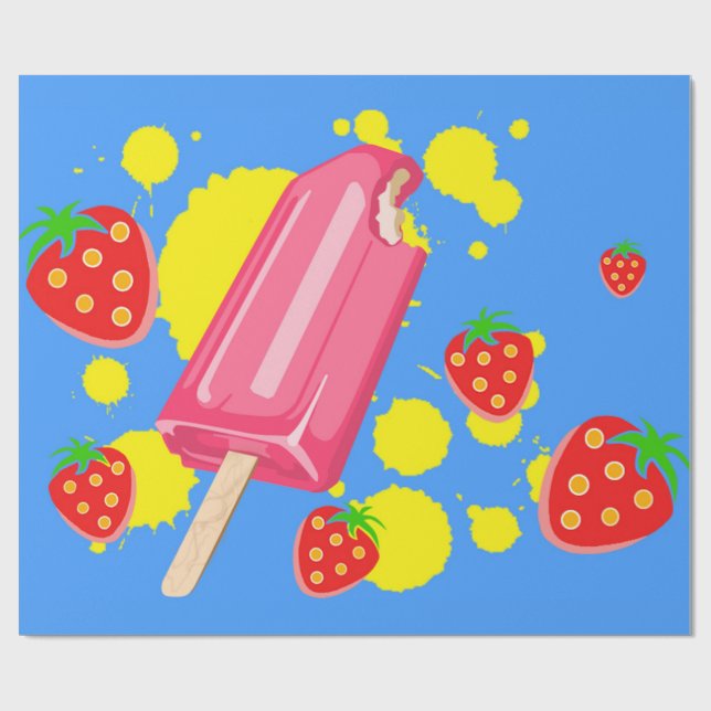 Roligt Rosa Popsicle and Strawbär Illustration Presentpapper (Platt)