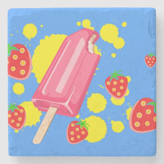 Roligt Rosa Popsicle and Strawbär Illustration Stenunderlägg (Framsidan)