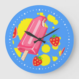 Roligt Rosa Popsicle and Strawbär Illustration Stor Klocka