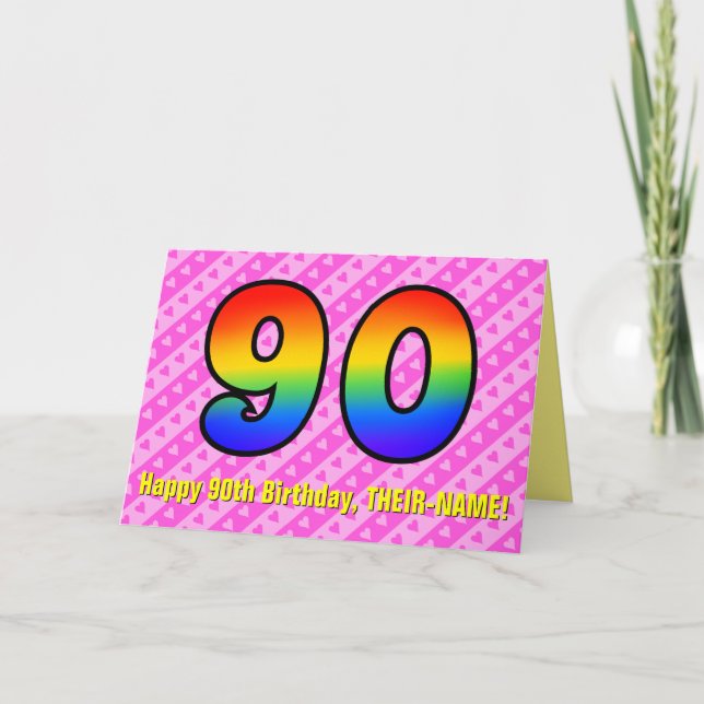 Roligt Rosa Rand, Hearts, Rainbow # 90:e födelseda Kort (Framsida)