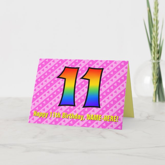 Roligt Rosa Rand, hjärter, regnbåge nr 11:e födels Kort (Framsida)