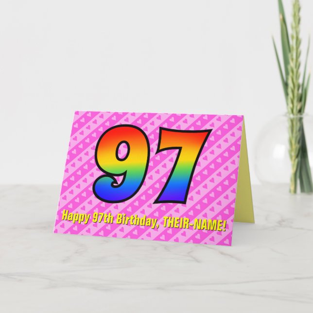 Roligt Rosa Rand, hjärter, regnbåge nr 97 födelsed Kort (Framsida)