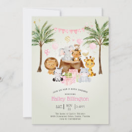 Roligt Rosa Safari Jungle Watercolor Girl Baby Sho Inbjudningar
