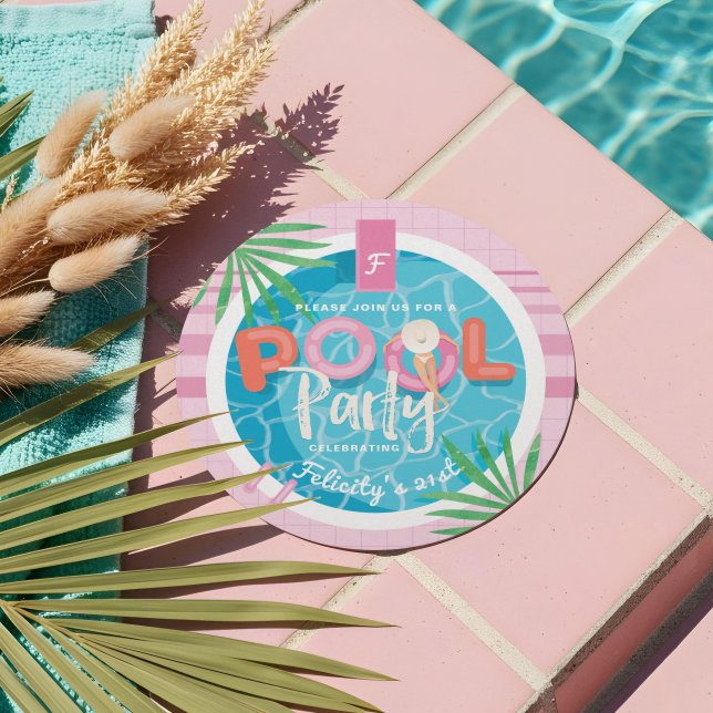 Roligt Rosa Tropical Handflatan, sommardag i Party Inbjudningar (Fun Pink Tropical Palm Summer Pool Party Birthday Invitation)