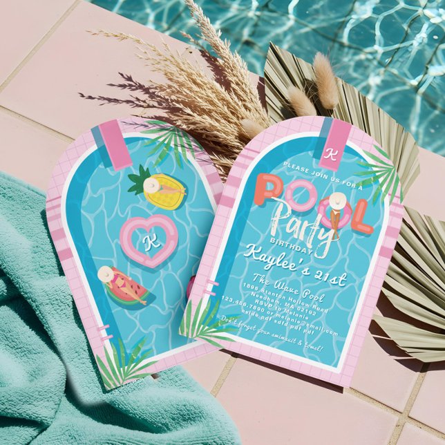 Roligt Rosa Tropical Handflatan, sommardag i Party Inbjudningar (Fun Pink Tropical Palm Summer Pool Party Birthday Invitation)
