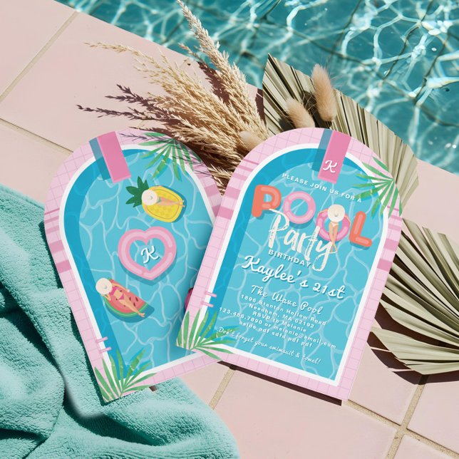 Roligt Rosa Tropical Handflatan, sommardag i Party Inbjudningar (Fun Pink Tropical Palm Summer Pool Party Birthday Invitation)