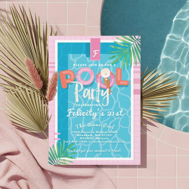 Roligt Rosa Tropical Vuxen Sommardagen i Party vid Inbjudningar (Fun Pink Tropical Palm Summer Pool Party Birthday Invitation)