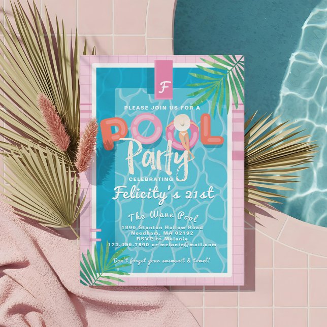 Roligt Rosa Tropical Vuxen Sommardagen i Party vid Inbjudningar (Fun Pink Tropical Palm Summer Pool Party Birthday Invitation)