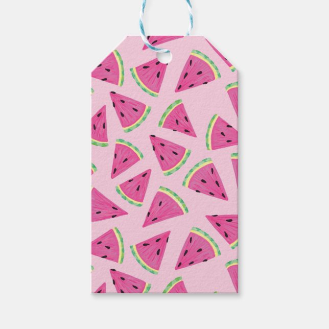 Roligt rosa tropiskt sommarvattenmelonmönster presentetikett (Framsidan)